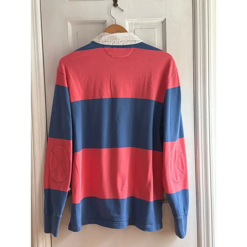 Vintage J. Crew Pink Blue Block Striped Rugby Shirt Elbow Patches Medium